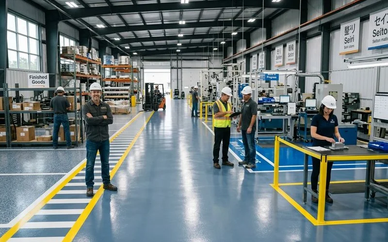 5S lean manufacturing floor markings with workstation boundaries and material flow lanes