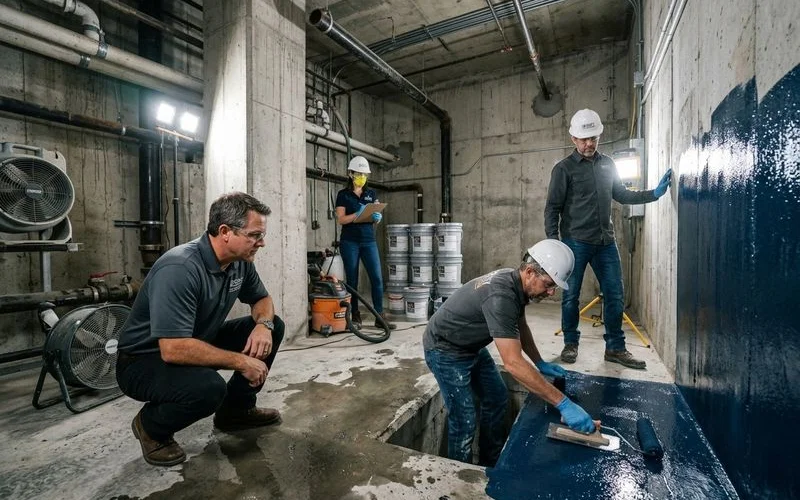 Concrete sump waterproofing and protective lining installation underground utility vault