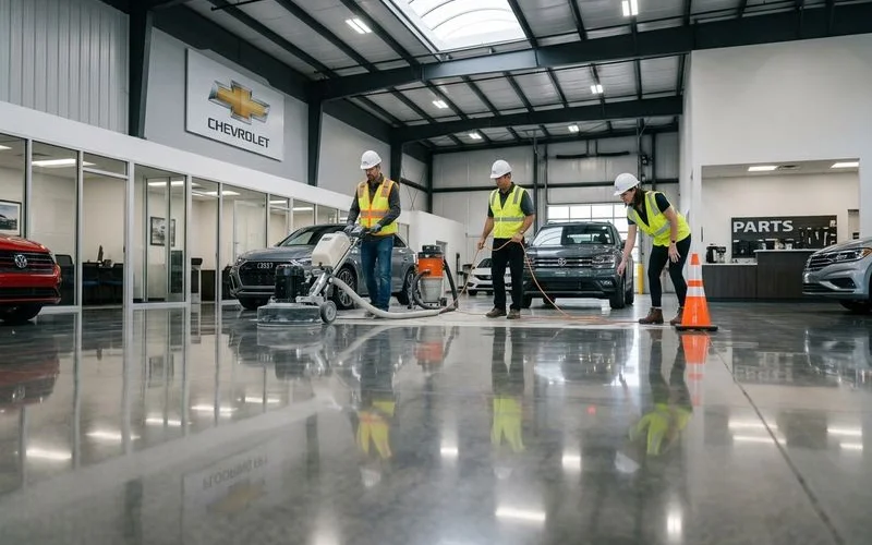 High gloss polished concrete floor in automotive dealership showroom