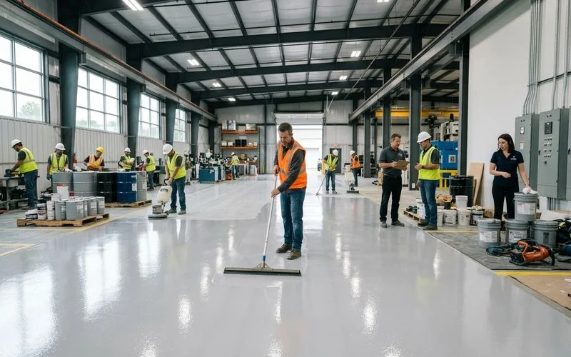 Industrial epoxy floor installation in progress at large manufacturing plant