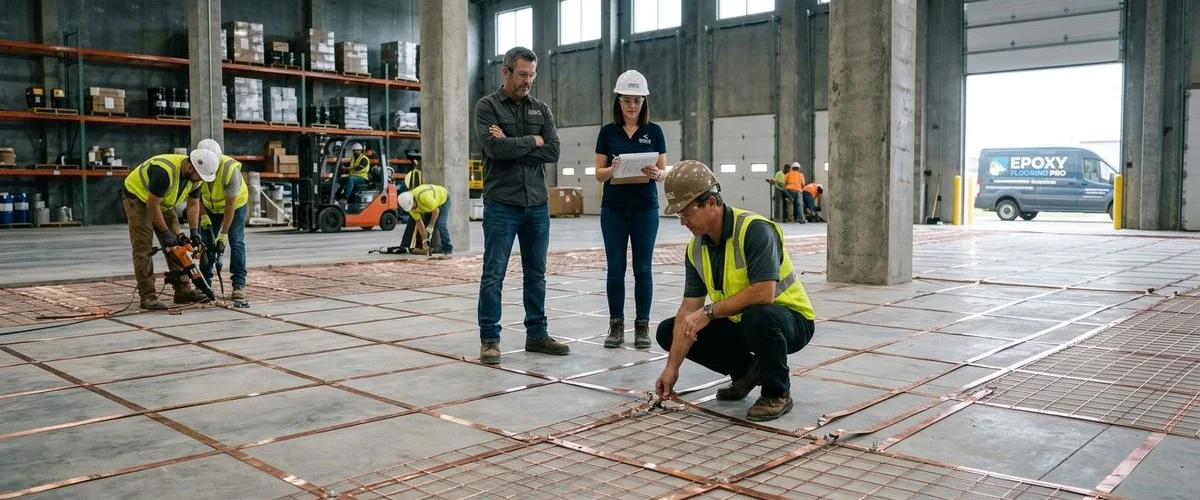 Copper grounding grid installation under ESD epoxy floor coating